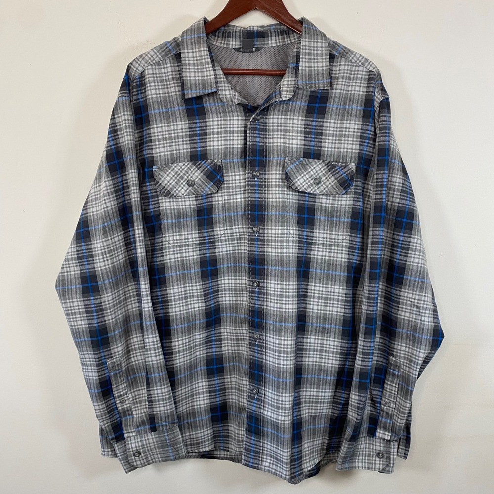 Eddie Bauer Mens 2XL Plaid Long Sleeve Button‎ Down Shirt Gray Blue Gorpcore - Picture 2 of 5